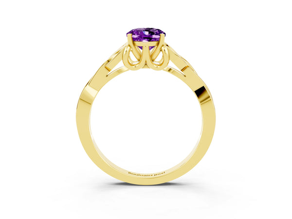 Yellow gold Oval Cut Amethyst Solitaire Celtic Knot Ring with Four-Prong Setting