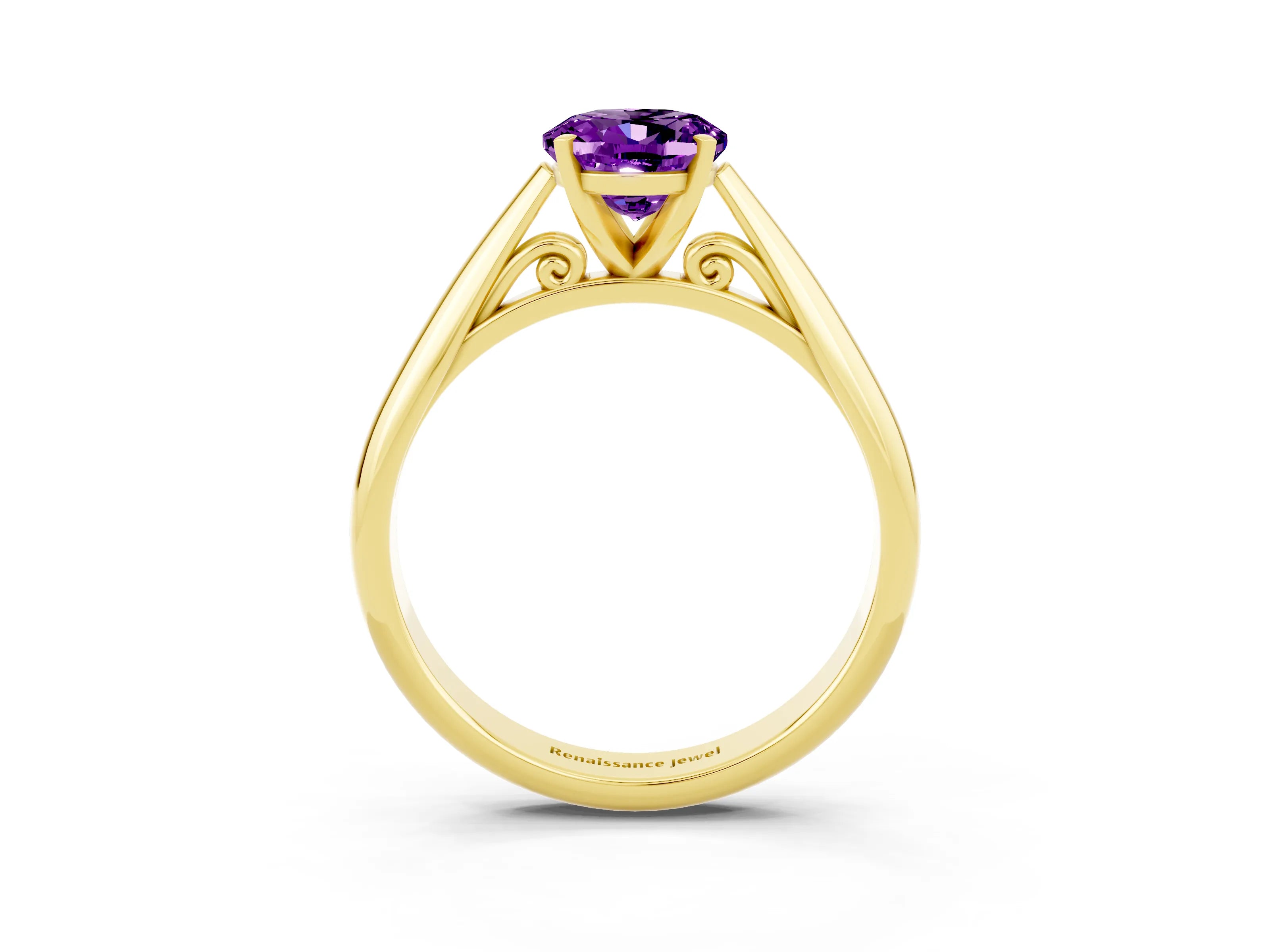 Yellow gold Oval Cut Amethyst Solitaire Engagement Ring with Cathedral Setting and Four-Prong Mount_15