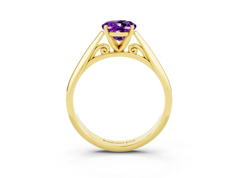 Yellow gold Oval Cut Amethyst Solitaire Engagement Ring with Cathedral Setting and Four-Prong Mount_15