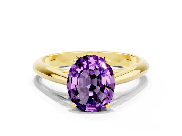 Yellow gold Oval Cut Amethyst Solitaire Engagement Ring with Cathedral Setting and Four-Prong Mount