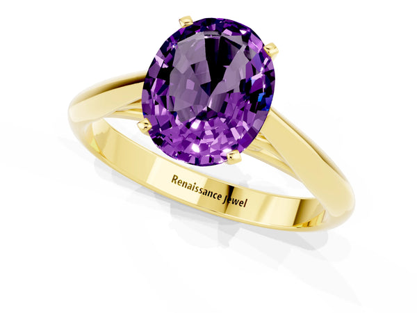 Yellow gold Oval Cut Amethyst Solitaire Engagement Ring with Cathedral Setting and Four-Prong Mount