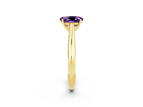 Yellow gold Oval Cut Amethyst Solitaire Engagement Ring with Cathedral Setting and Four-Prong Mount