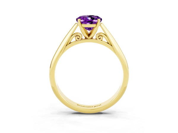 Yellow gold Oval Cut Amethyst Solitaire Engagement Ring with Cathedral Setting and Four-Prong Mount