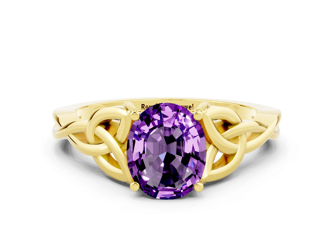 Yellow gold Oval Cut Amethyst Solitaire Engagement Ring with Celtic Knot Band and Four-Prong Setting