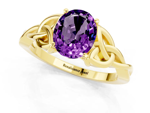 Yellow gold Oval Cut Amethyst Solitaire Engagement Ring with Celtic Knot Band and Four-Prong Setting_1