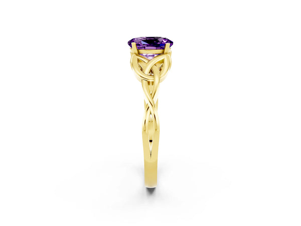 Yellow gold Oval Cut Amethyst Solitaire Engagement Ring with Celtic Knot Band and Four-Prong Setting