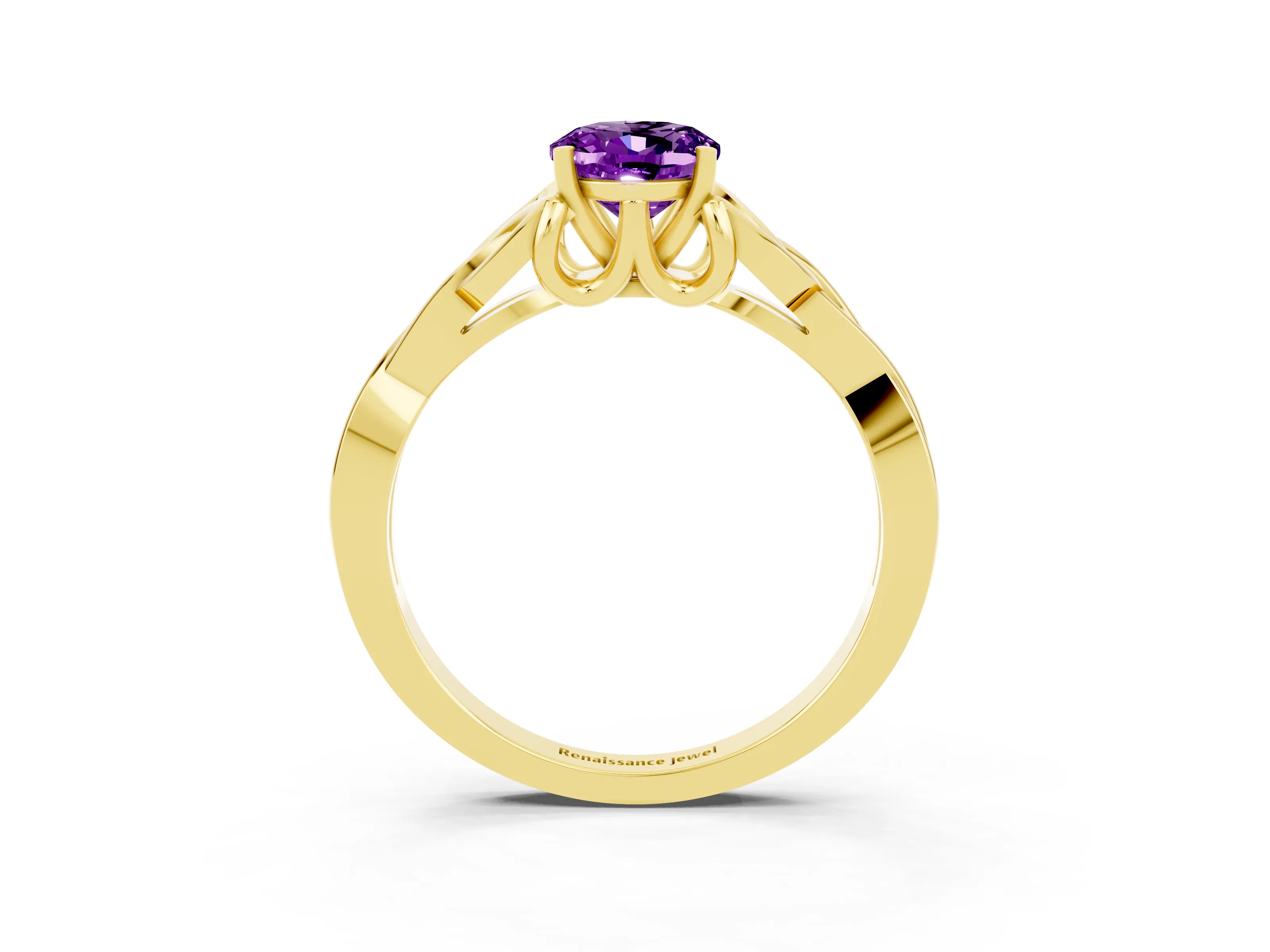 Yellow gold Oval Cut Amethyst Solitaire Engagement Ring with Celtic Knot Band and Four-Prong Setting_3