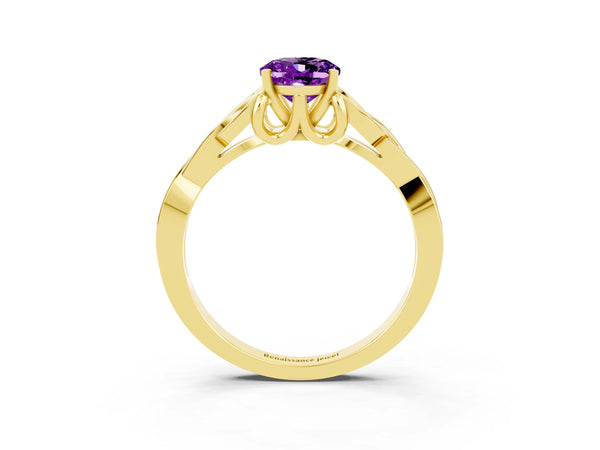 Yellow gold Oval Cut Amethyst Solitaire Engagement Ring with Celtic Knot Band and Four-Prong Setting