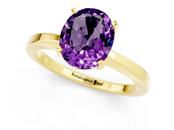 Yellow gold Oval Cut Amethyst Solitaire Engagement Ring with Classic Band and Four-Prong Setting