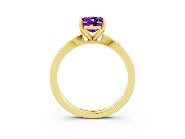 Yellow gold Oval Cut Amethyst Solitaire Engagement Ring with Classic Band and Four-Prong Setting