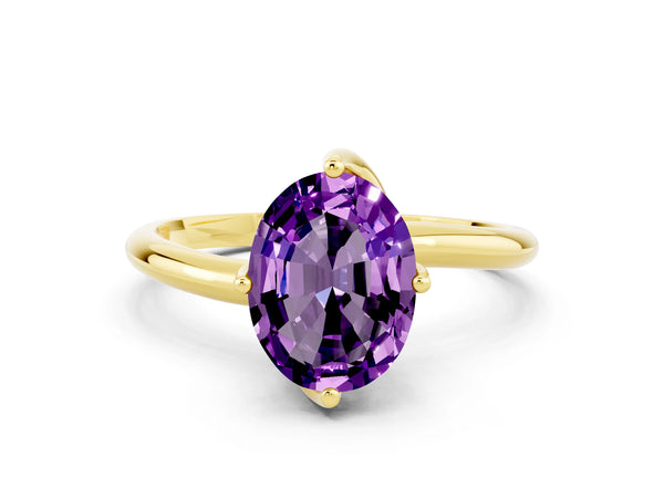 Yellow gold Oval Cut Amethyst Solitaire Engagement Ring with Four-Prong Setting and Classic Band