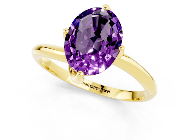 Yellow gold Oval Cut Amethyst Solitaire Engagement Ring with Four-Prong Setting and Classic Band