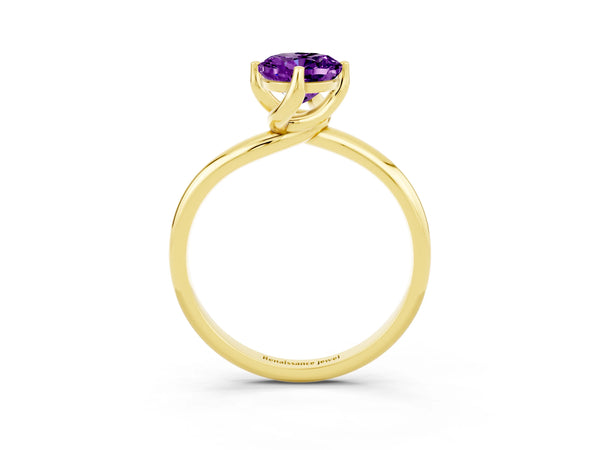 Yellow gold Oval Cut Amethyst Solitaire Engagement Ring with Four-Prong Setting and Classic Band