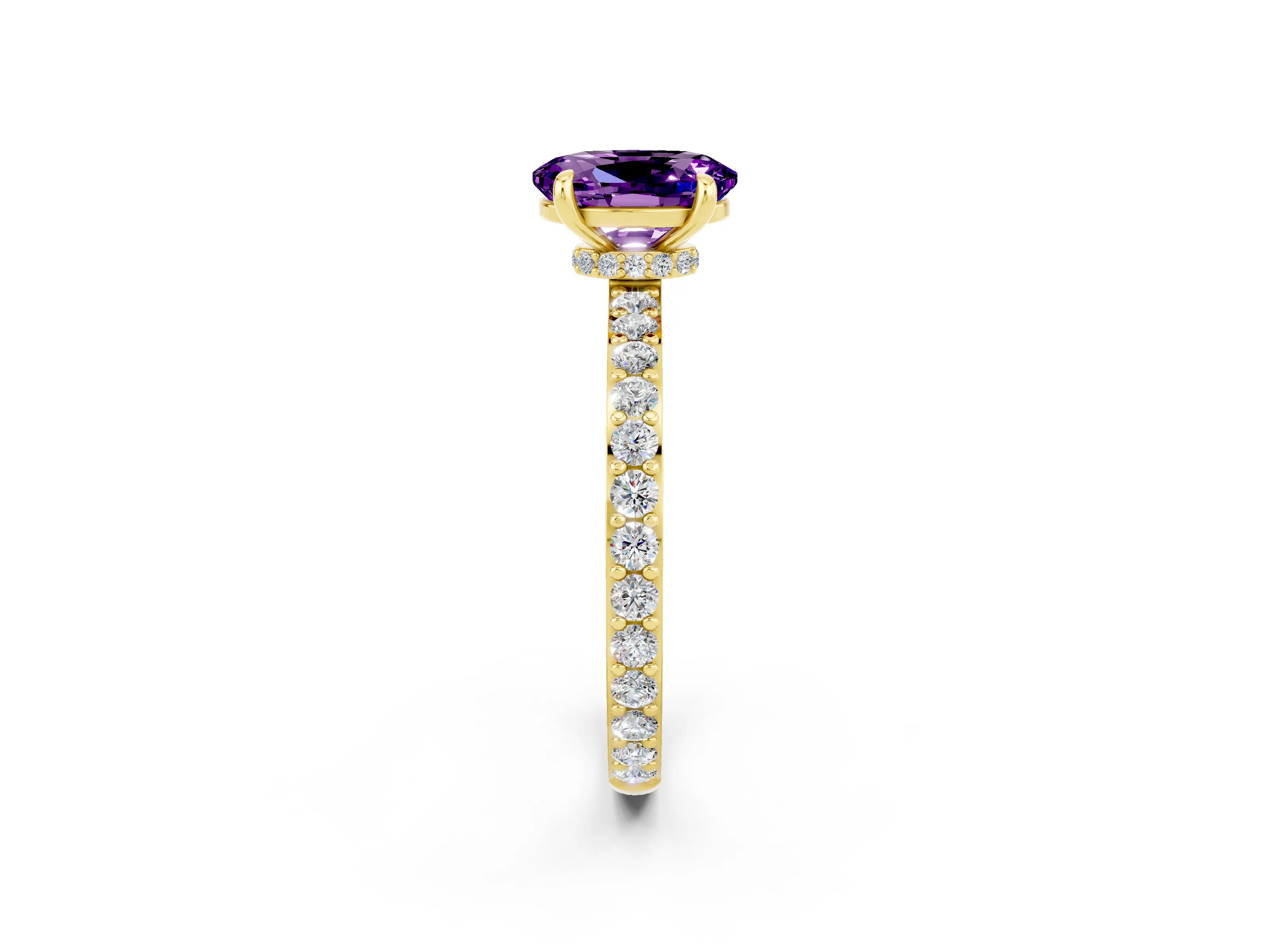 Yellow gold Oval Cut Amethyst Solitaire Engagement Ring with Pavé Band and Four-Prong Setting_2