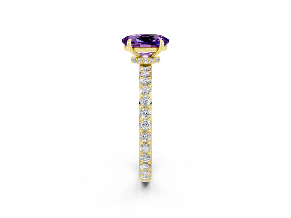 Yellow gold Oval Cut Amethyst Solitaire Engagement Ring with Pavé Band and Four-Prong Setting
