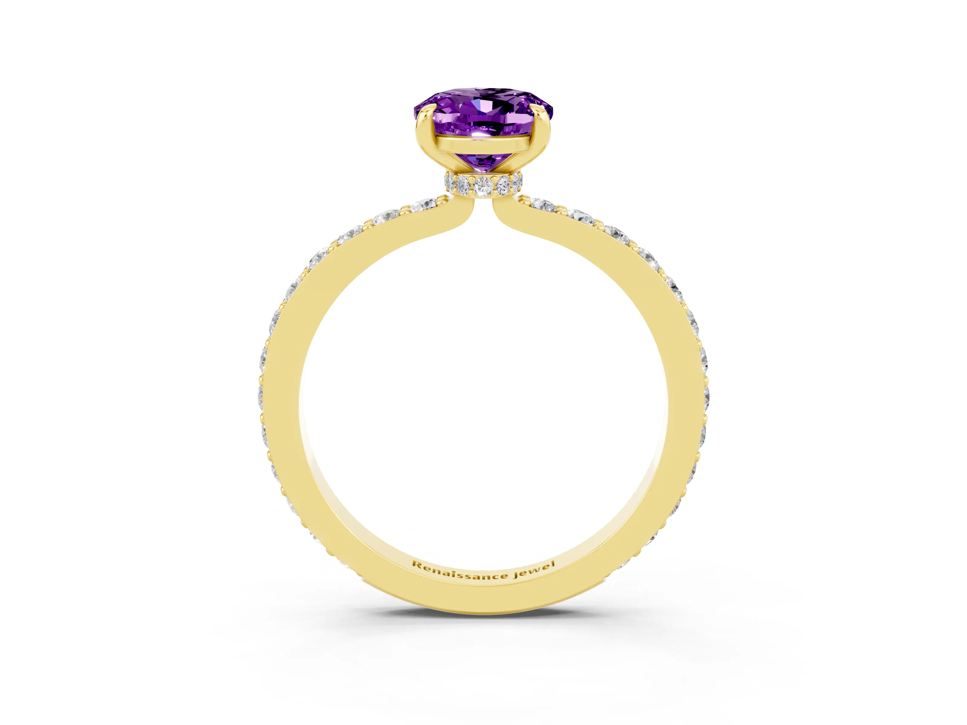 Yellow gold Oval Cut Amethyst Solitaire Engagement Ring with Pavé Band and Four-Prong Setting_3