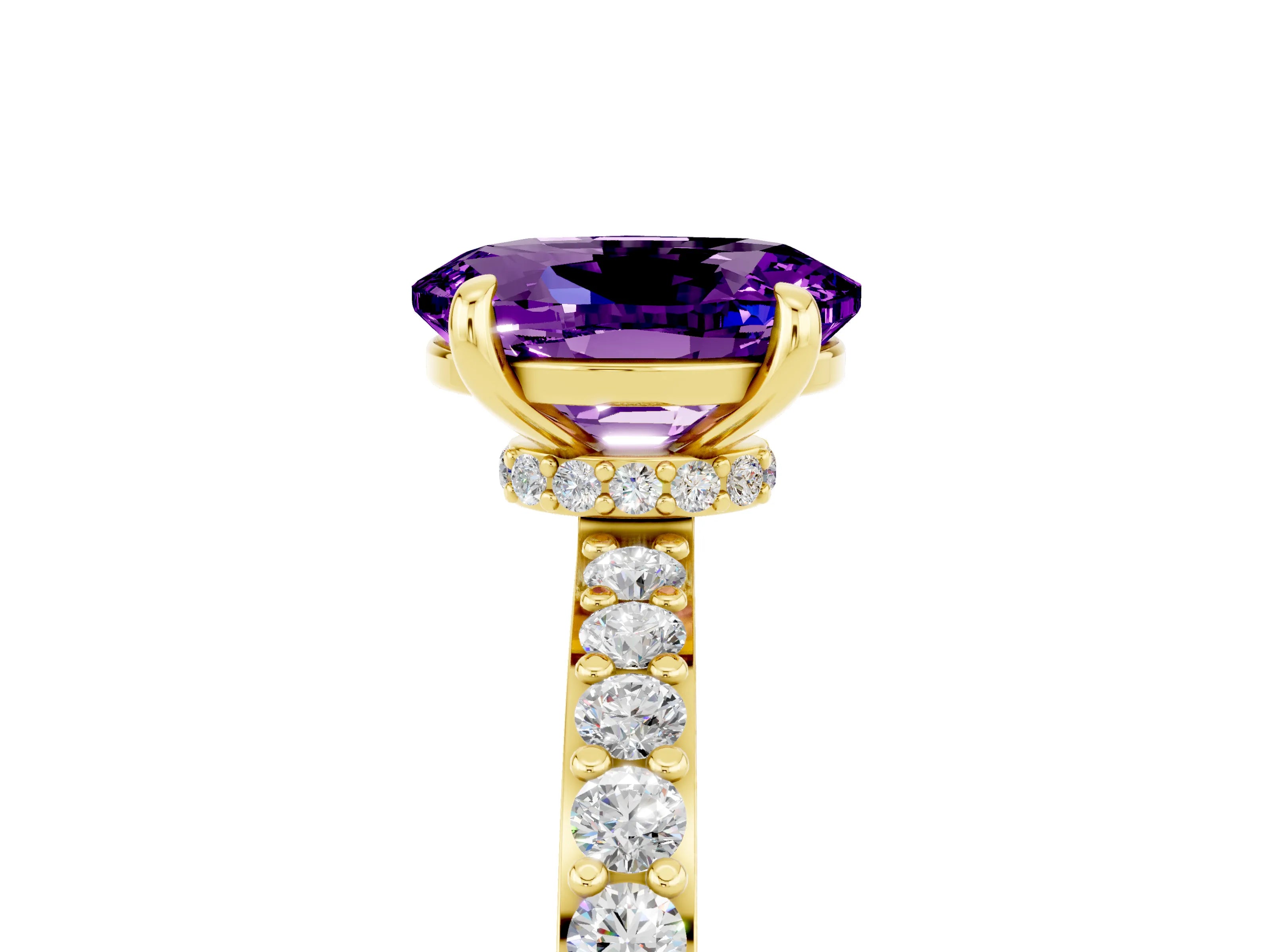 Yellow gold Oval Cut Amethyst Solitaire Engagement Ring with Pavé Band and Four-Prong Setting_5