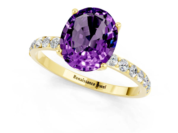 Yellow gold Oval Cut Amethyst Solitaire Engagement Ring with Round  Pavé Band and Prong Setting