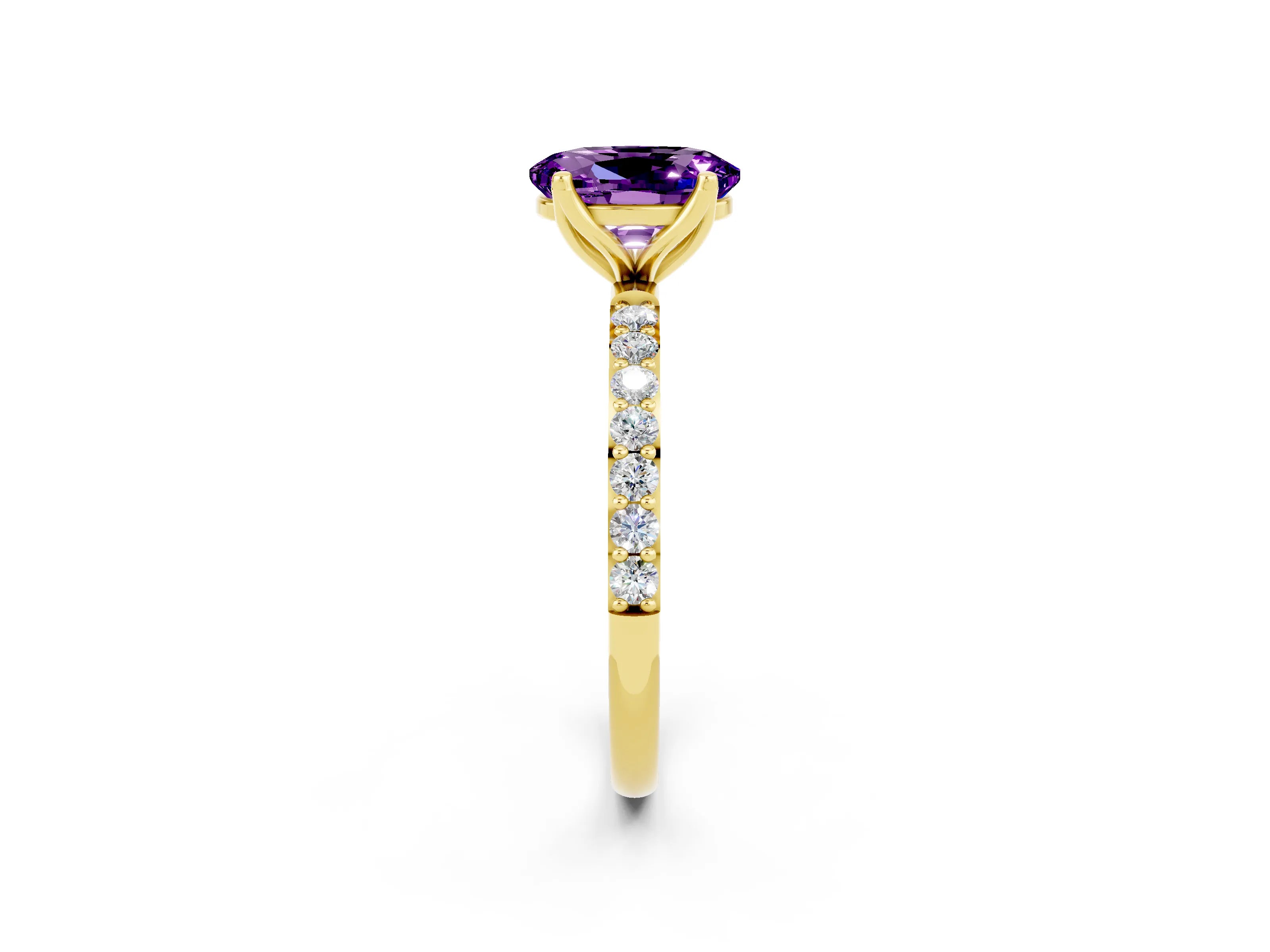 Yellow gold Oval Cut Amethyst Solitaire Engagement Ring with Pavé Band and Prong Setting_2
