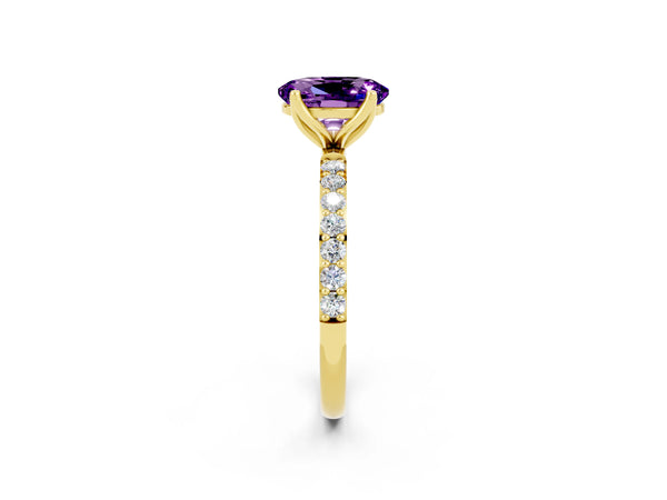 Yellow gold Oval Cut Amethyst Solitaire Engagement Ring with Round  Pavé Band and Prong Setting
