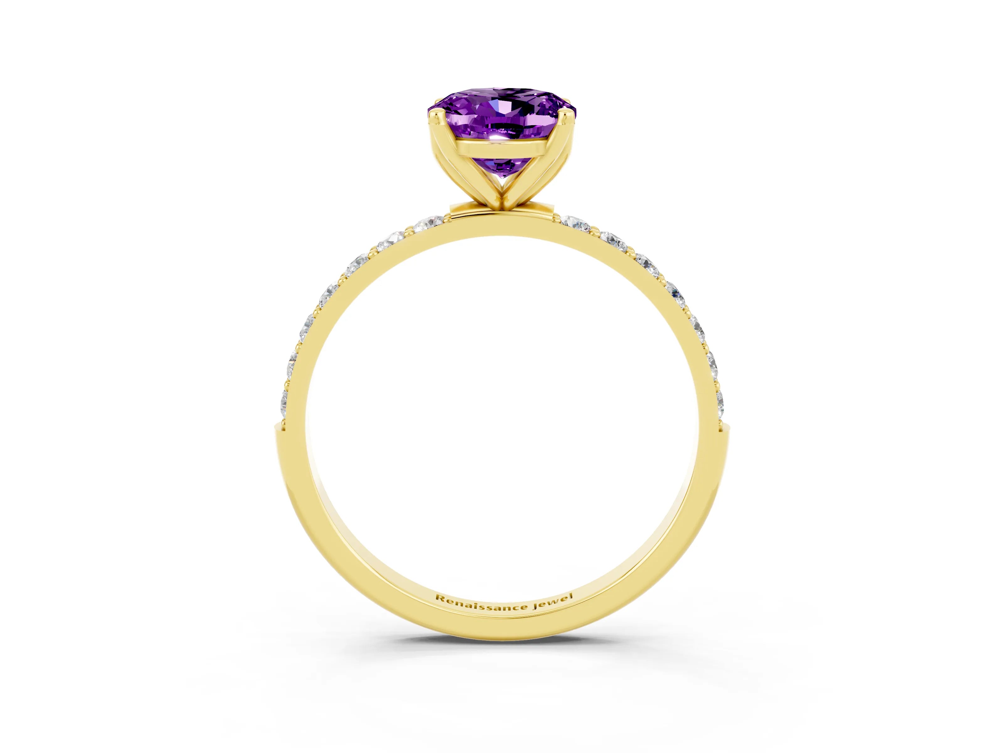 Yellow gold Oval Cut Amethyst Solitaire Engagement Ring with Pavé Band and Prong Setting_3