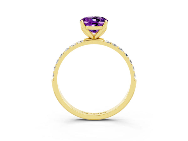 Yellow gold Oval Cut Amethyst Solitaire Engagement Ring with Round  Pavé Band and Prong Setting