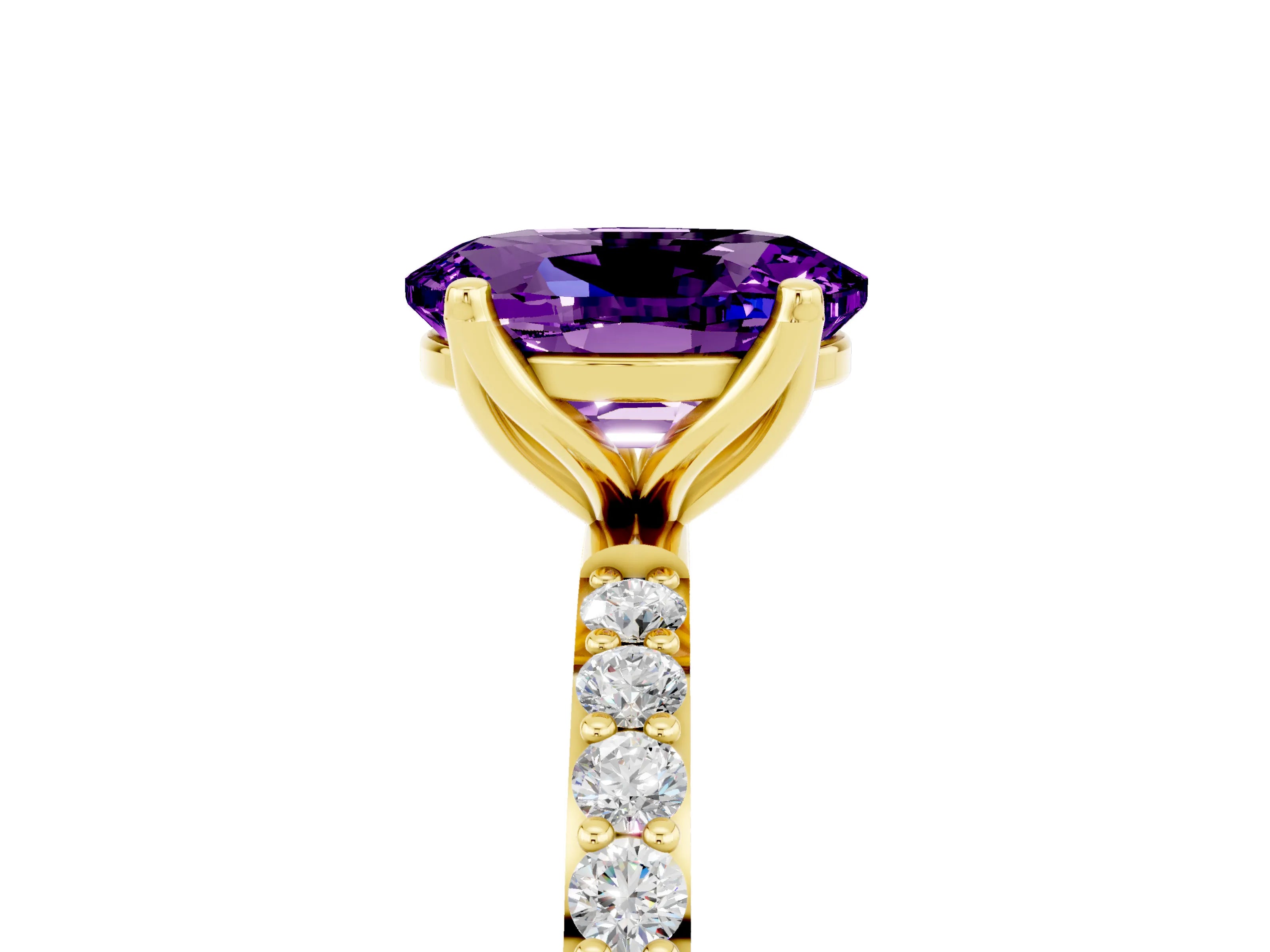 Yellow gold Oval Cut Amethyst Solitaire Engagement Ring with Pavé Band and Prong Setting_5