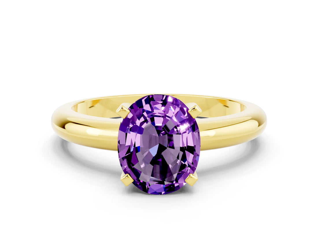 Yellow gold Oval Cut Amethyst Solitaire Engagement Ring with Round Band and Four-Prong Setting