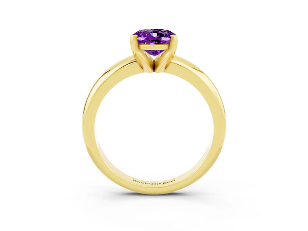 Yellow gold Oval Cut Amethyst Solitaire Engagement Ring with Round Band and Four-Prong Setting