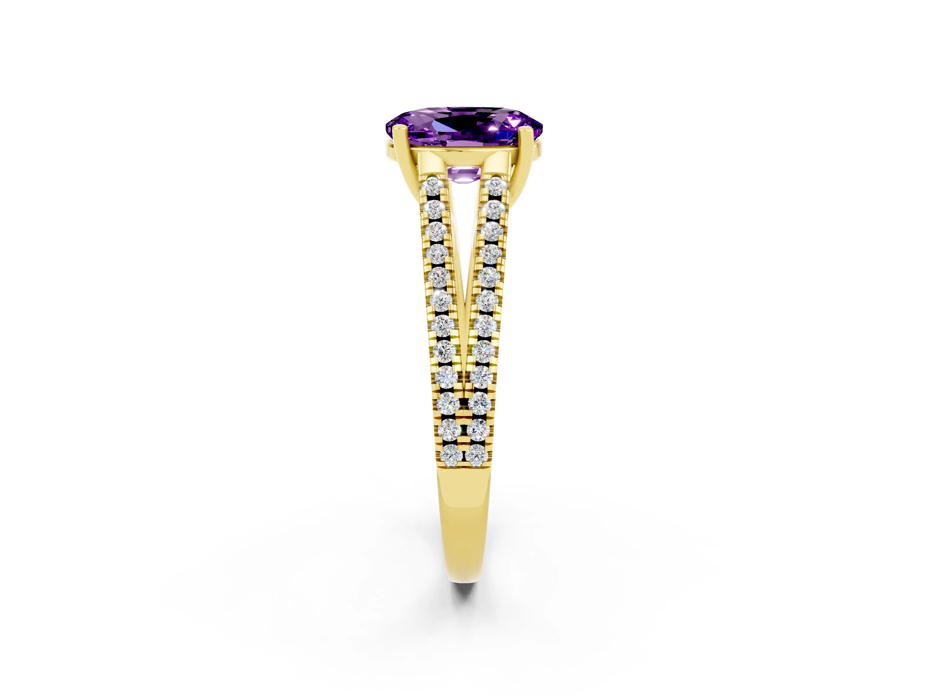 Yellow gold Oval Cut Amethyst Solitaire Engagement Ring with Split Shank Pavé Band_2
