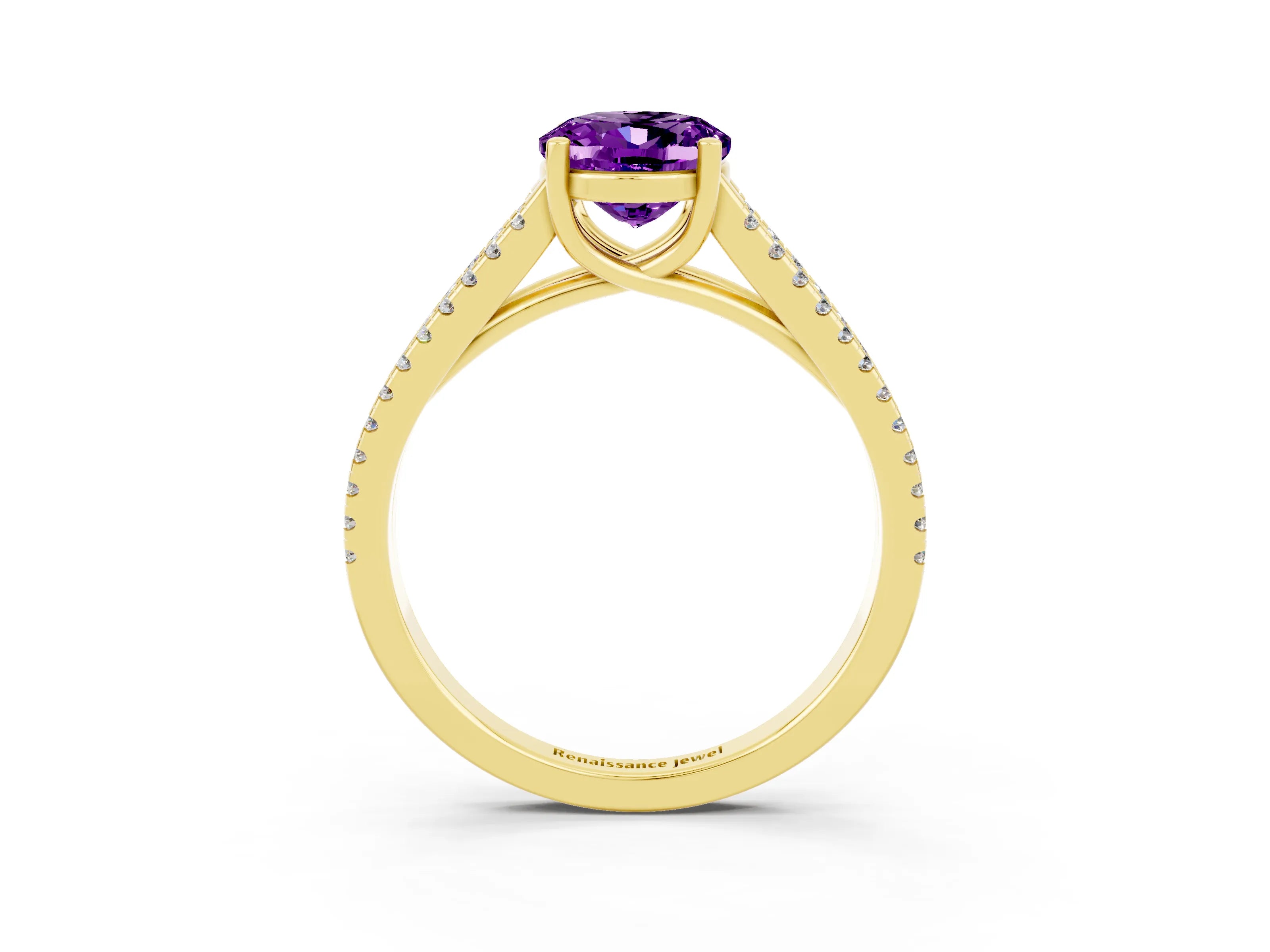 Yellow gold Oval Cut Amethyst Solitaire Engagement Ring with Split Shank Pavé Band_3