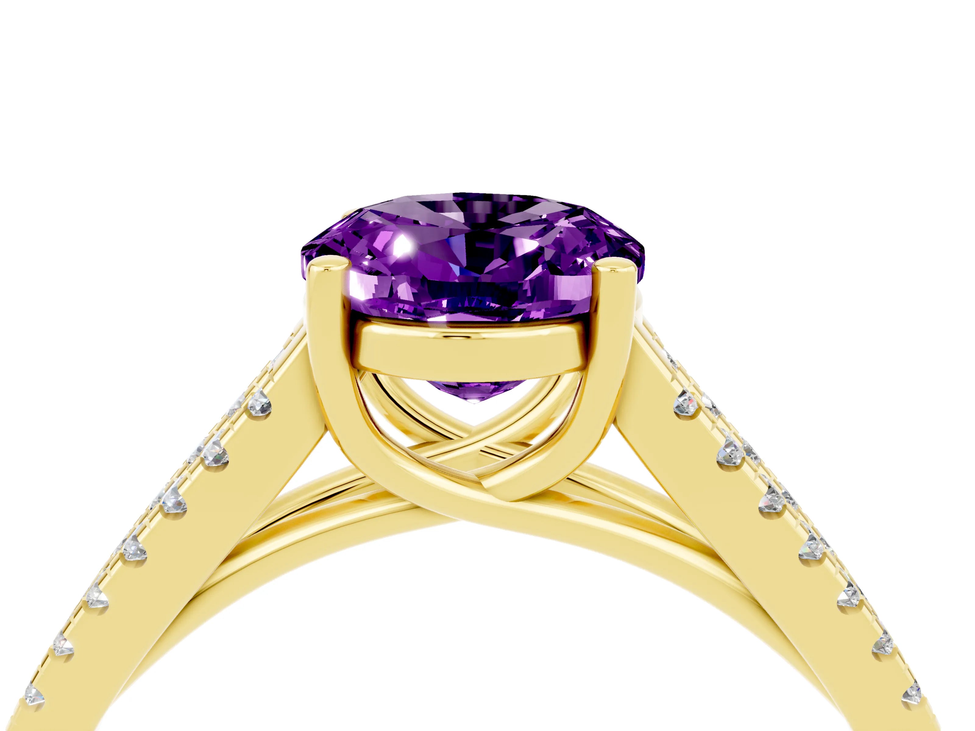 Yellow gold Oval Cut Amethyst Solitaire Engagement Ring with Split Shank Pavé Band_4