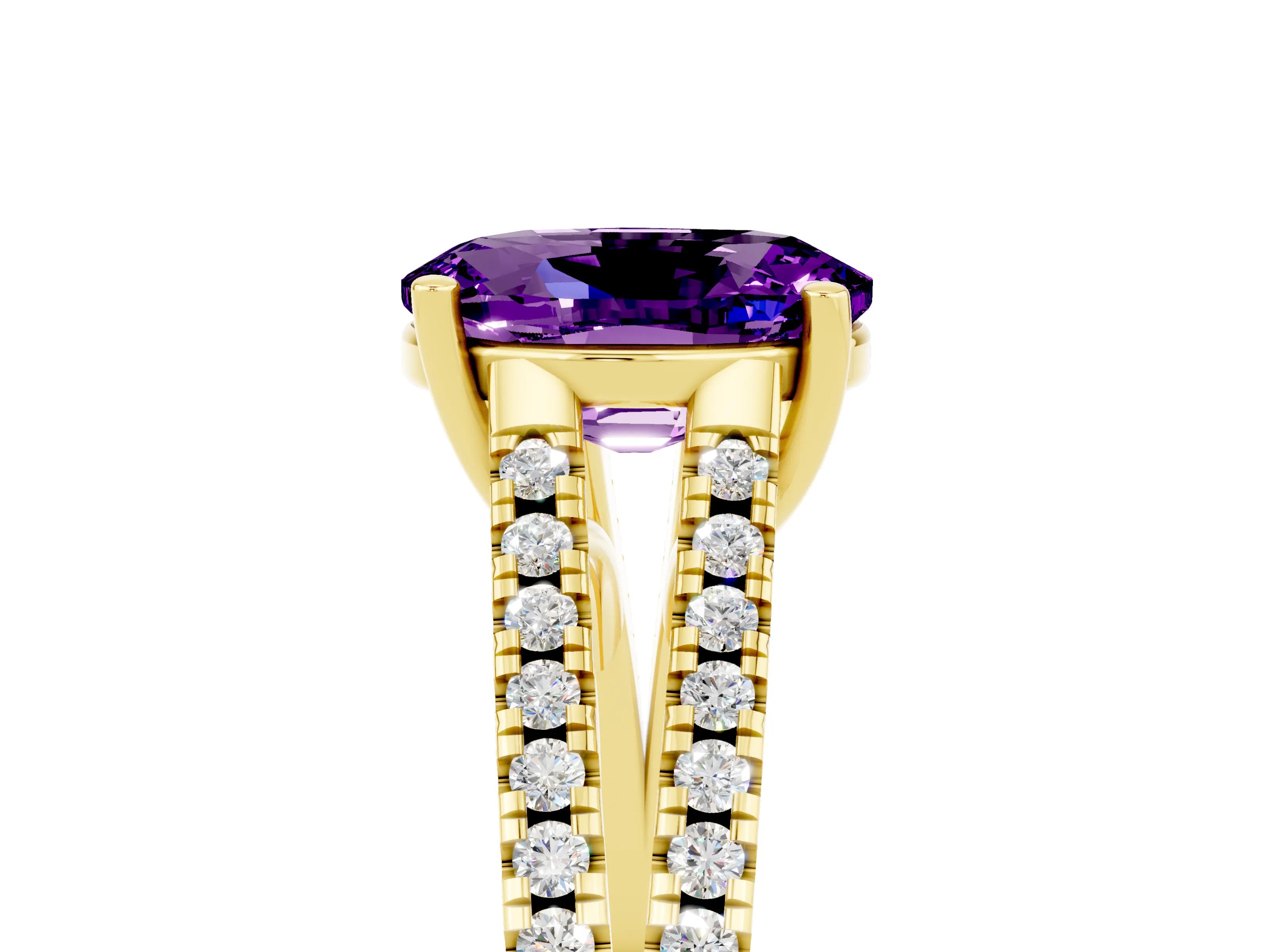 Yellow gold Oval Cut Amethyst Solitaire Engagement Ring with Split Shank Pavé Band_5