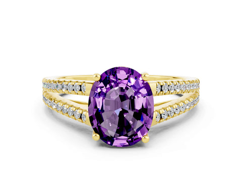 Yellow gold Oval Cut Amethyst Solitaire Engagement Ring with Split Shank Pavé Band