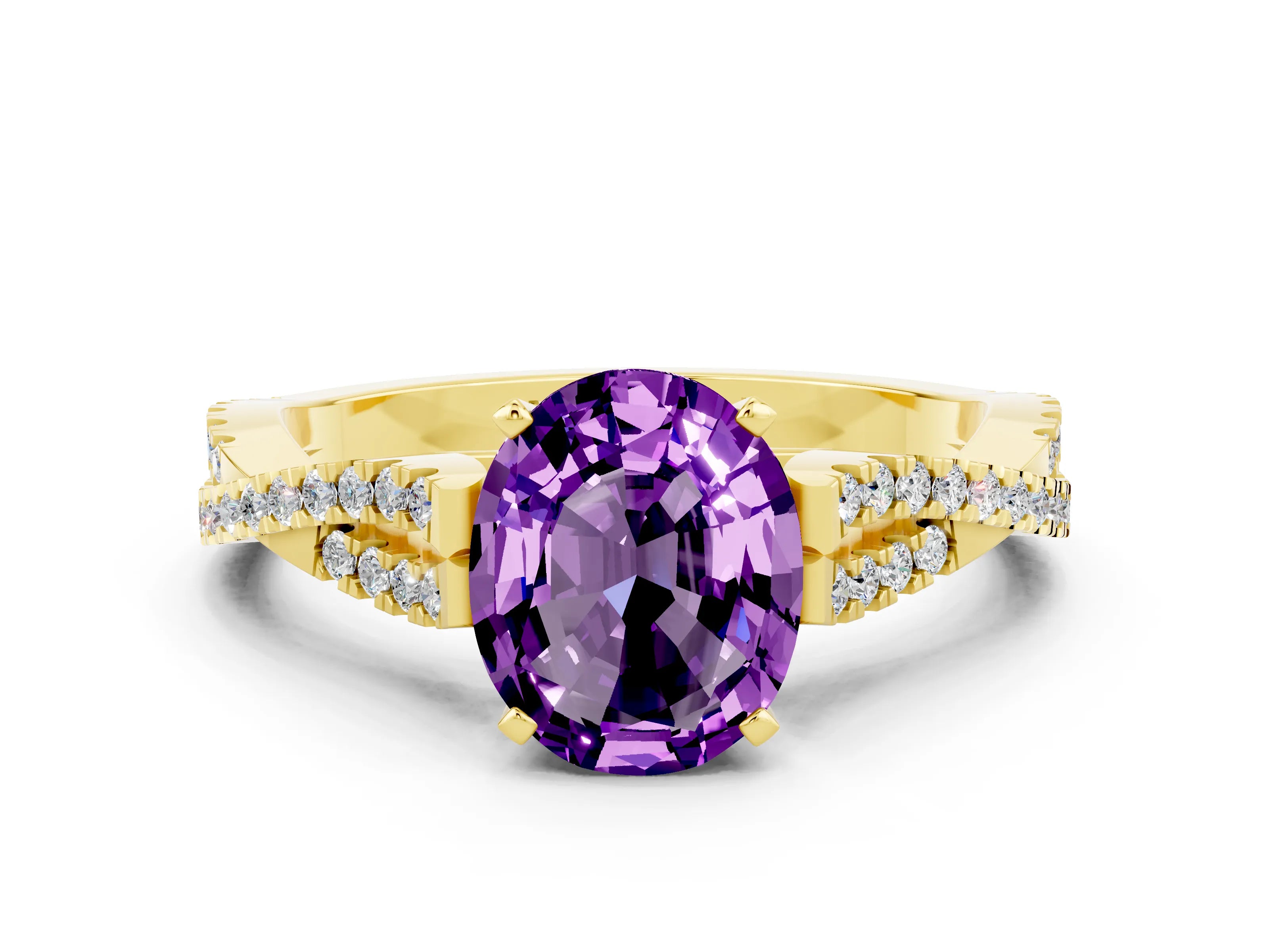 Yellow gold Oval Cut Amethyst Solitaire Engagement Ring with Twisted Pavé Band and Four-Prong Setting