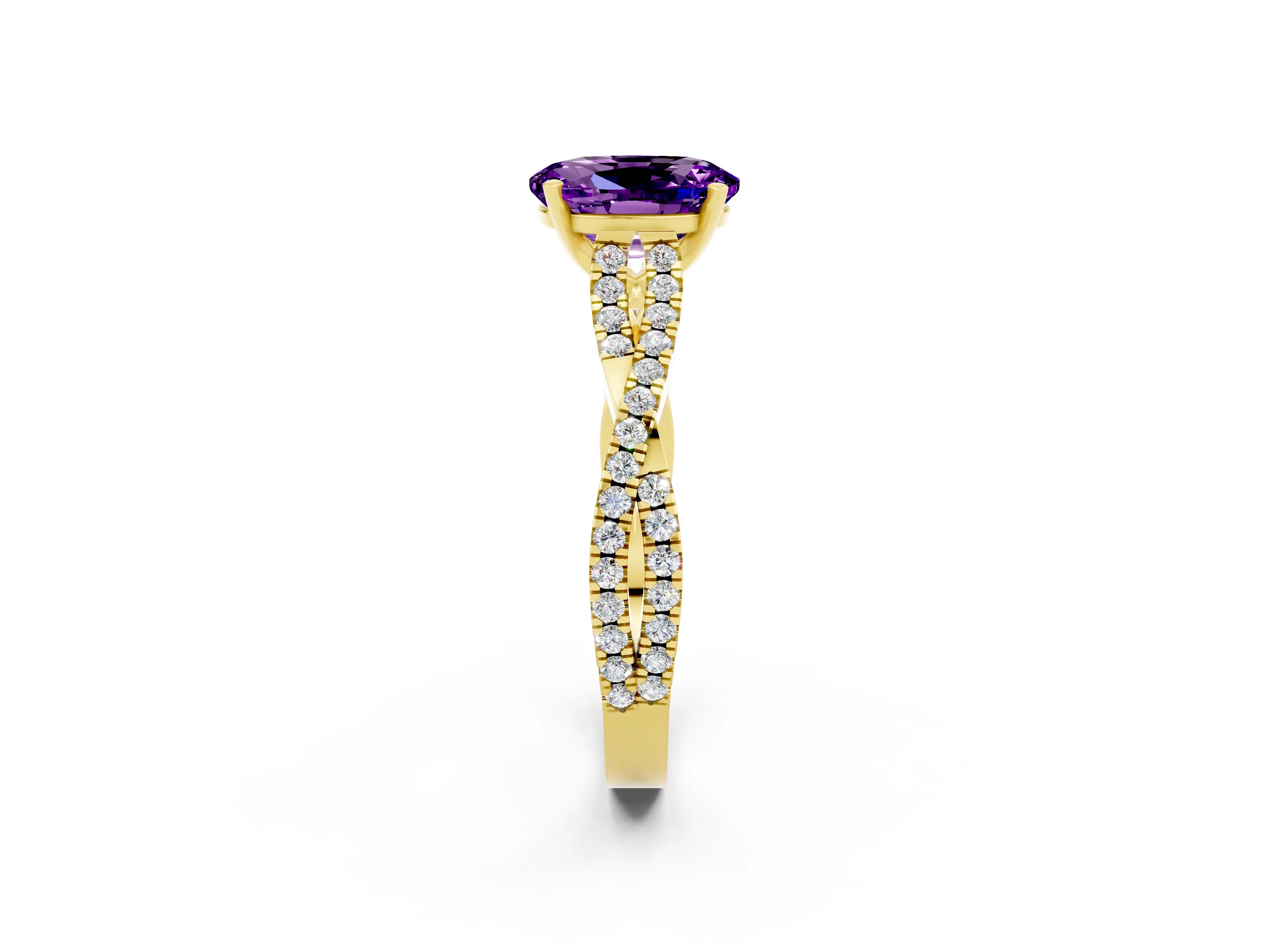 Yellow gold Oval Cut Amethyst Solitaire Engagement Ring with Twisted Pavé Band and Four-Prong Setting_2