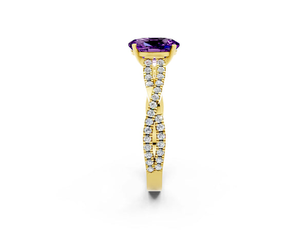 Yellow gold Oval Cut Amethyst Solitaire Engagement Ring with Twisted Pavé Band and Four-Prong Setting