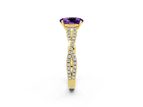 Yellow gold Oval Cut Amethyst Solitaire Engagement Ring with Twisted Pavé Band and Four-Prong Setting_2