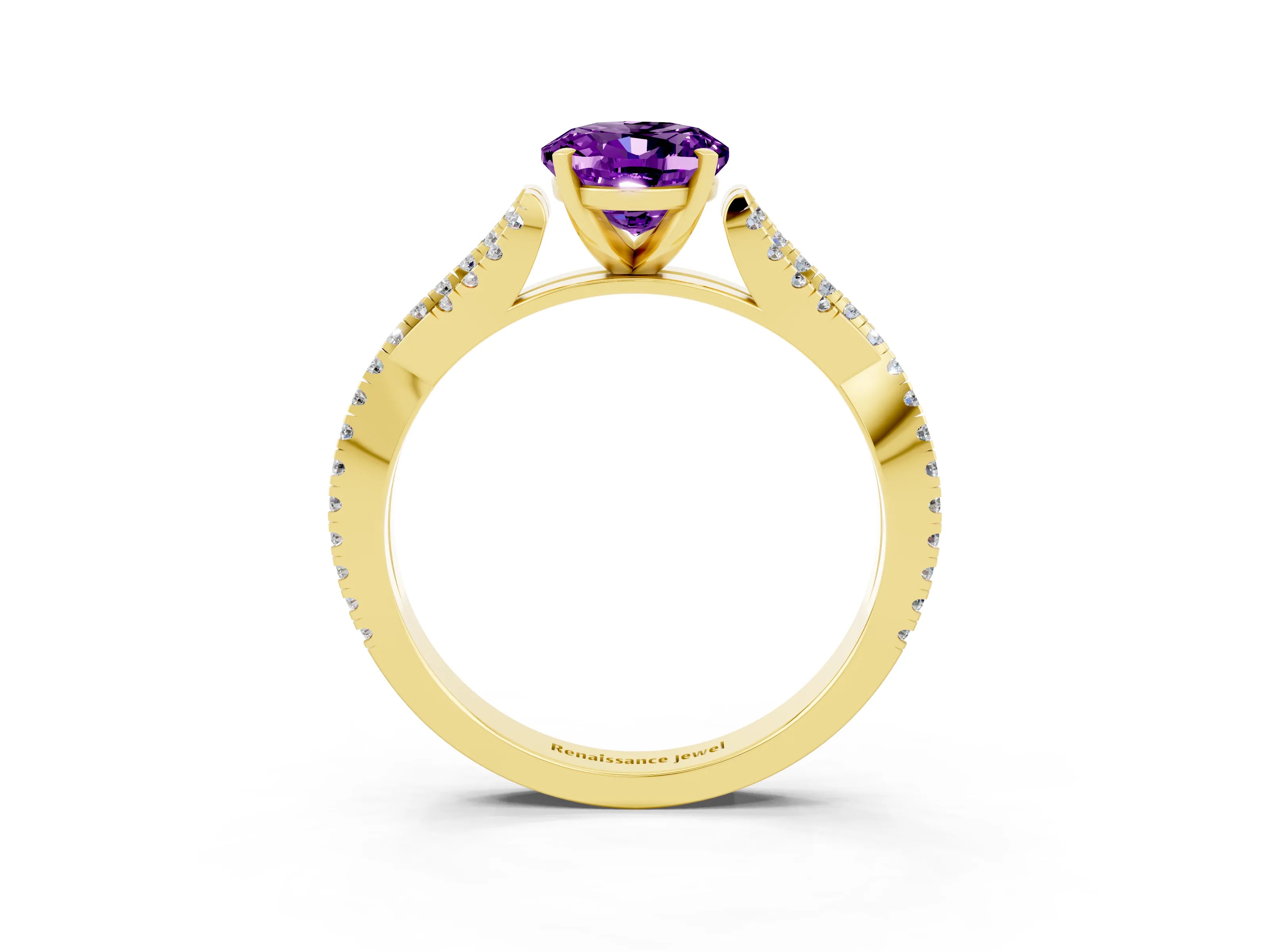 Yellow gold Oval Cut Amethyst Solitaire Engagement Ring with Twisted Pavé Band and Four-Prong Setting_3