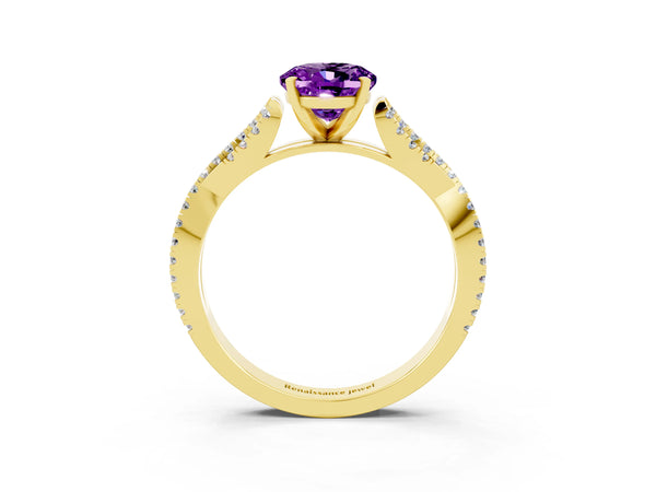 Yellow gold Oval Cut Amethyst Solitaire Engagement Ring with Twisted Pavé Band and Four-Prong Setting