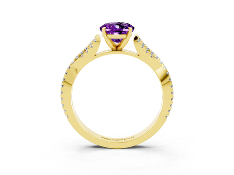 Yellow gold Oval Cut Amethyst Solitaire Engagement Ring with Twisted Pavé Band and Four-Prong Setting_3