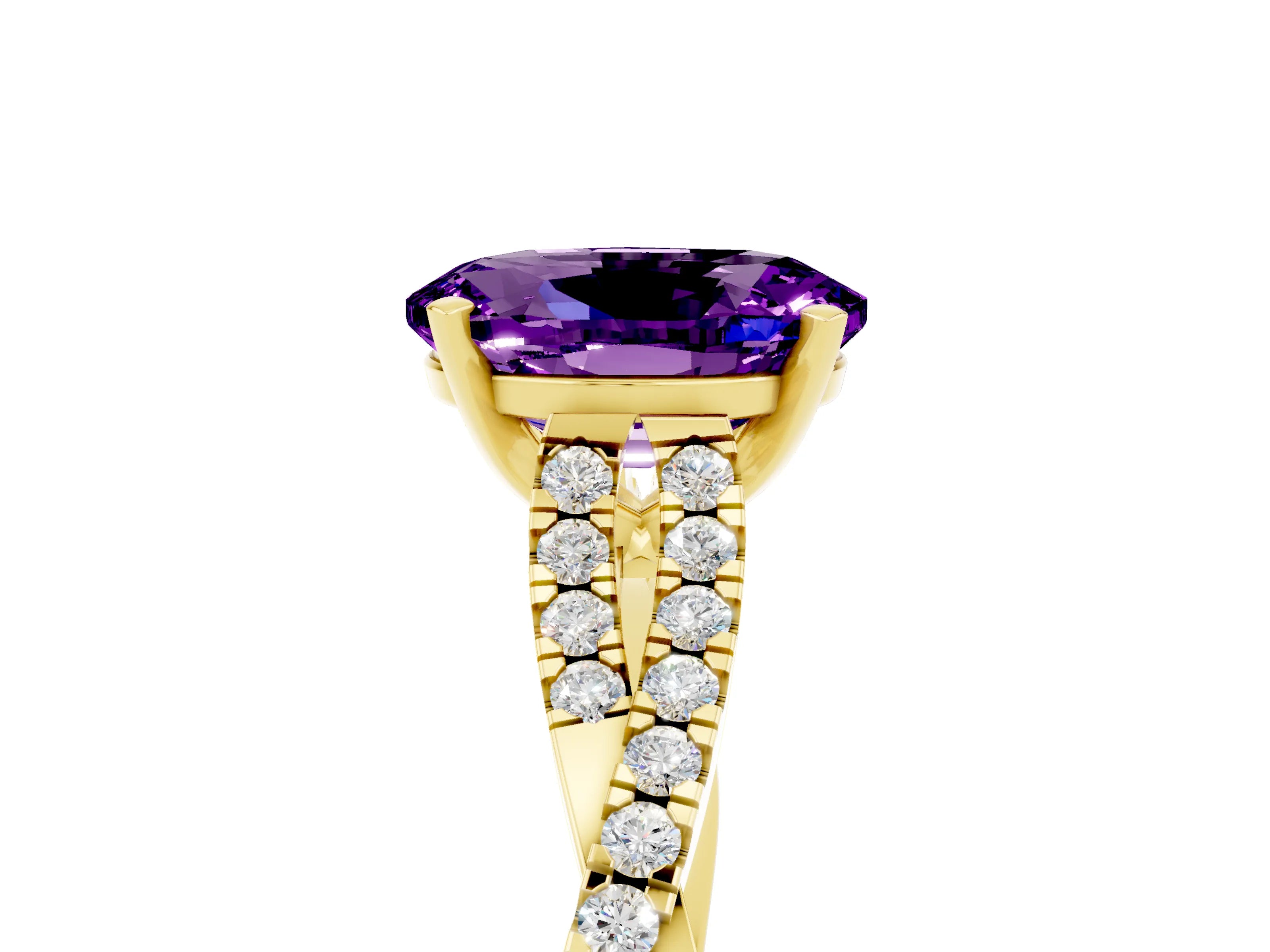 Yellow gold Oval Cut Amethyst Solitaire Engagement Ring with Twisted Pavé Band and Four-Prong Setting_5