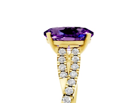 Yellow gold Oval Cut Amethyst Solitaire Engagement Ring with Twisted Pavé Band and Four-Prong Setting_5