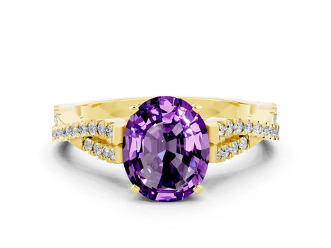 Yellow gold Oval Cut Amethyst Solitaire Engagement Ring with Twisted Pavé Band and Four-Prong Setting