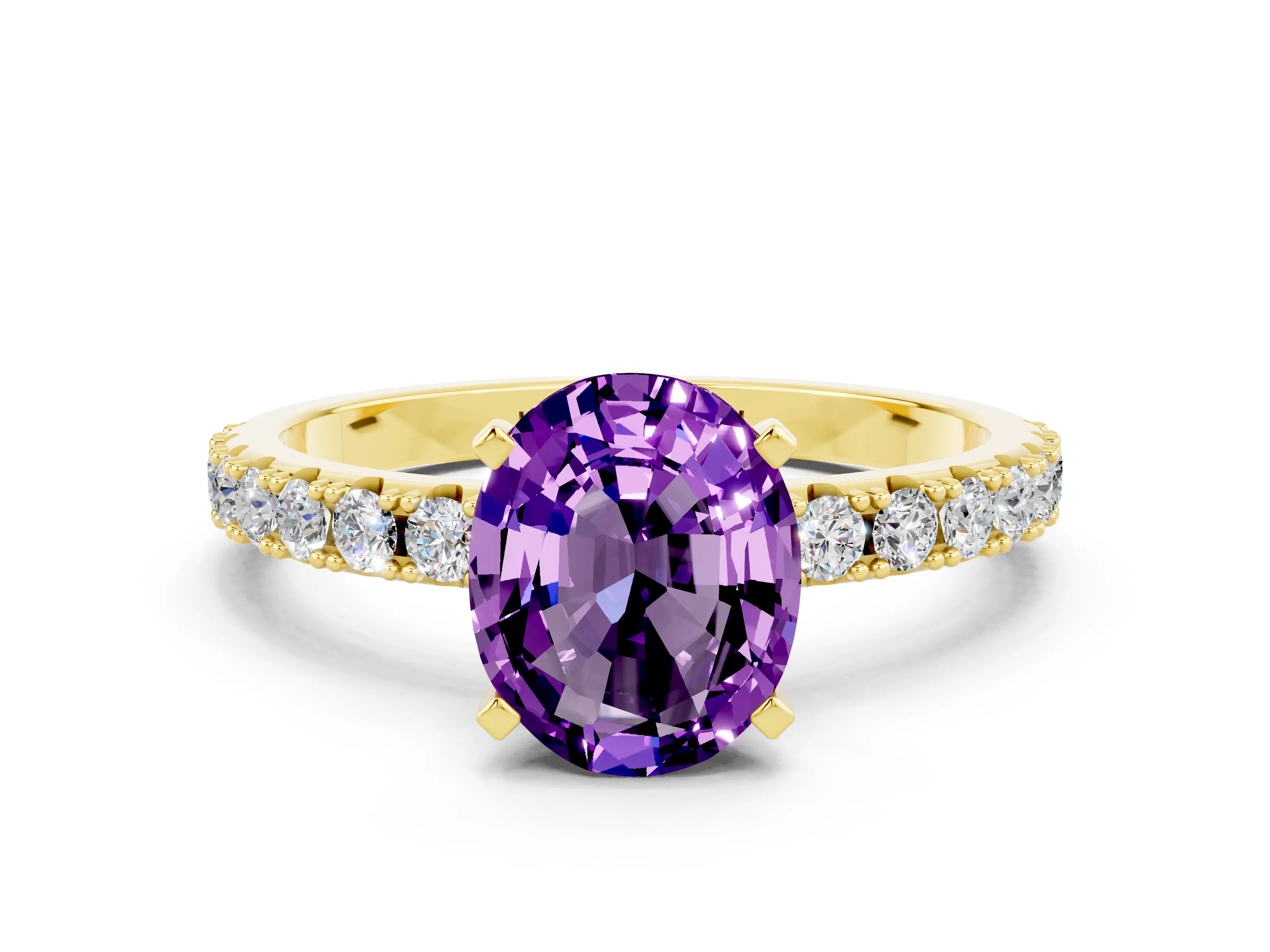 Yellow gold Oval Cut Amethyst Solitaire Pavé Band with Four-Prong Setting