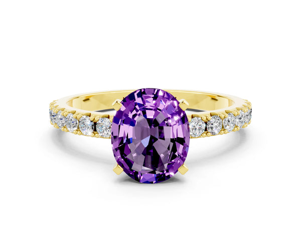 Yellow gold Oval Cut Amethyst Solitaire Pavé Band with Four-Prong Setting