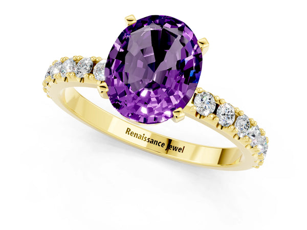Yellow gold Oval Cut Amethyst Solitaire Pavé Band with Four-Prong Setting