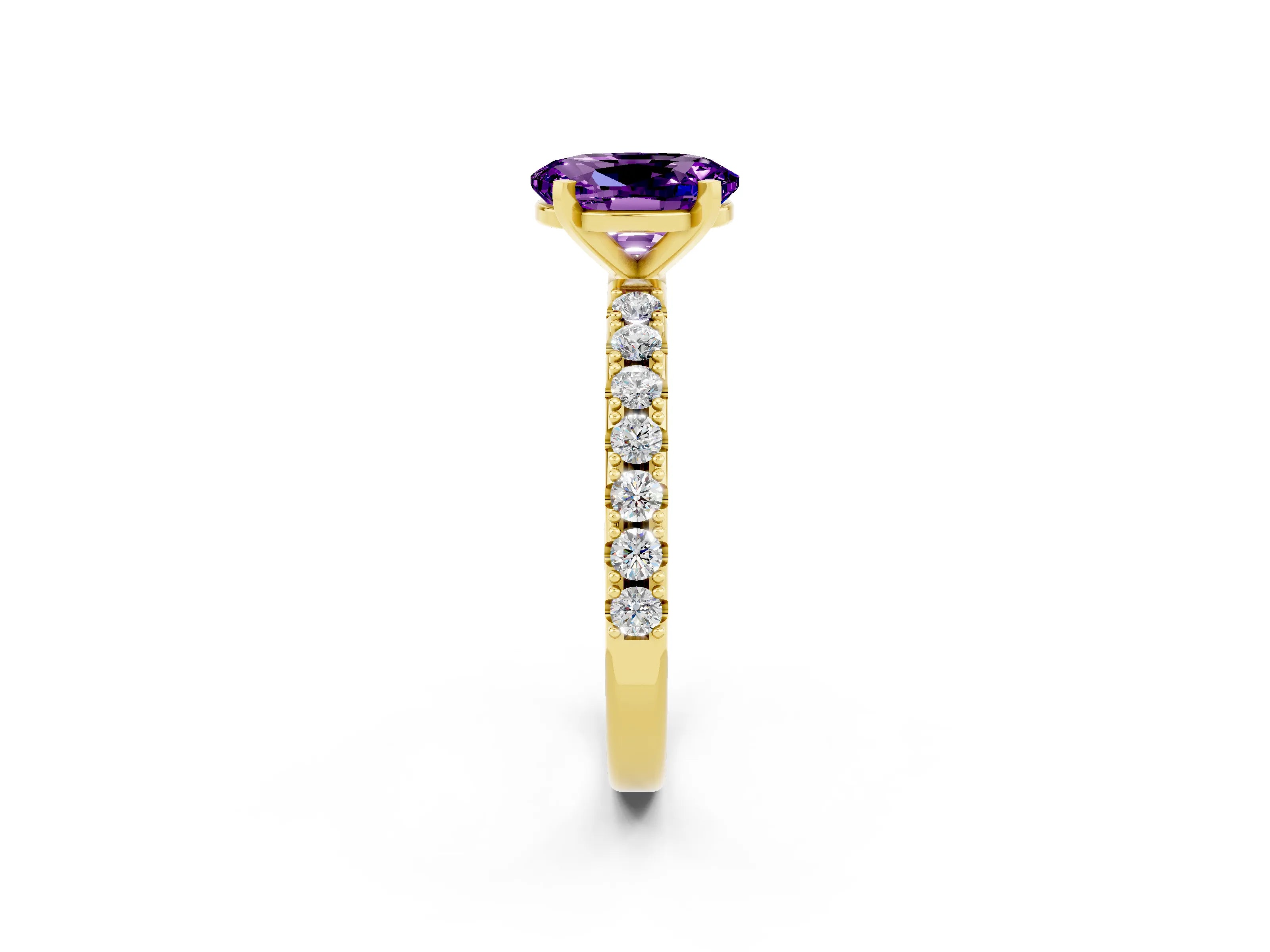 Yellow gold Oval Cut Amethyst Solitaire Pavé Band with Four-Prong Setting_2