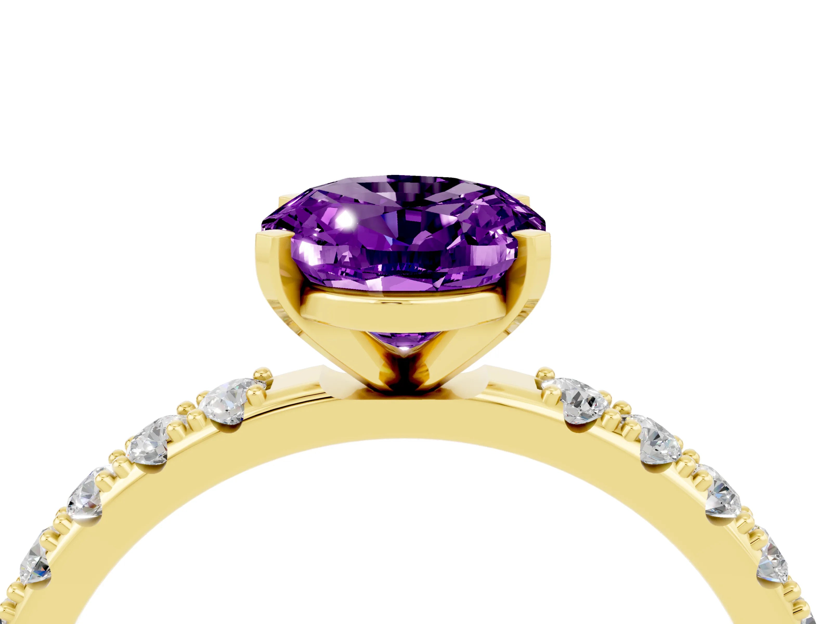 Yellow gold Oval Cut Amethyst Solitaire Pavé Band with Four-Prong Setting_4