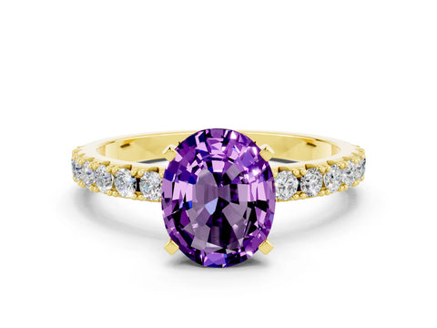 Yellow gold Oval Cut Amethyst Solitaire Pavé Band with Four-Prong Setting